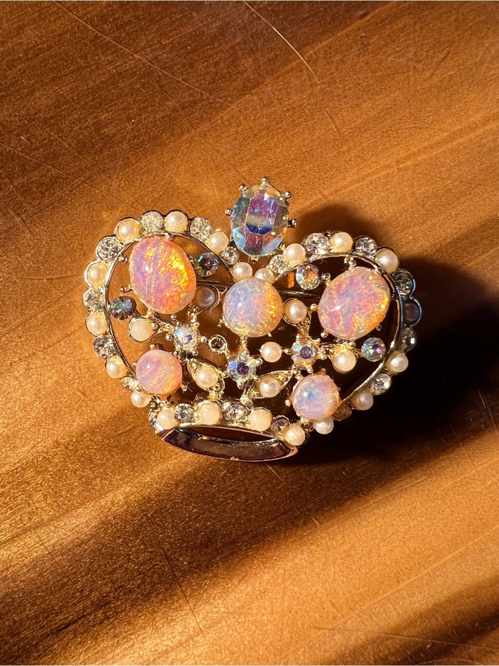 Vintage Opalescent Pink & Pearl Heart Brooch, rare